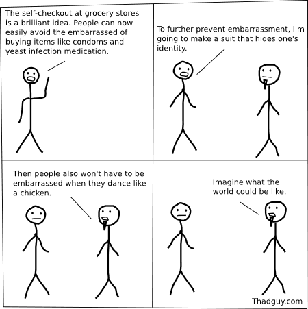 The self-checkout at grocery stores is a brilliant idea. People can now easily avoid the embarrassed of buying items like condoms and yeast infection medication.